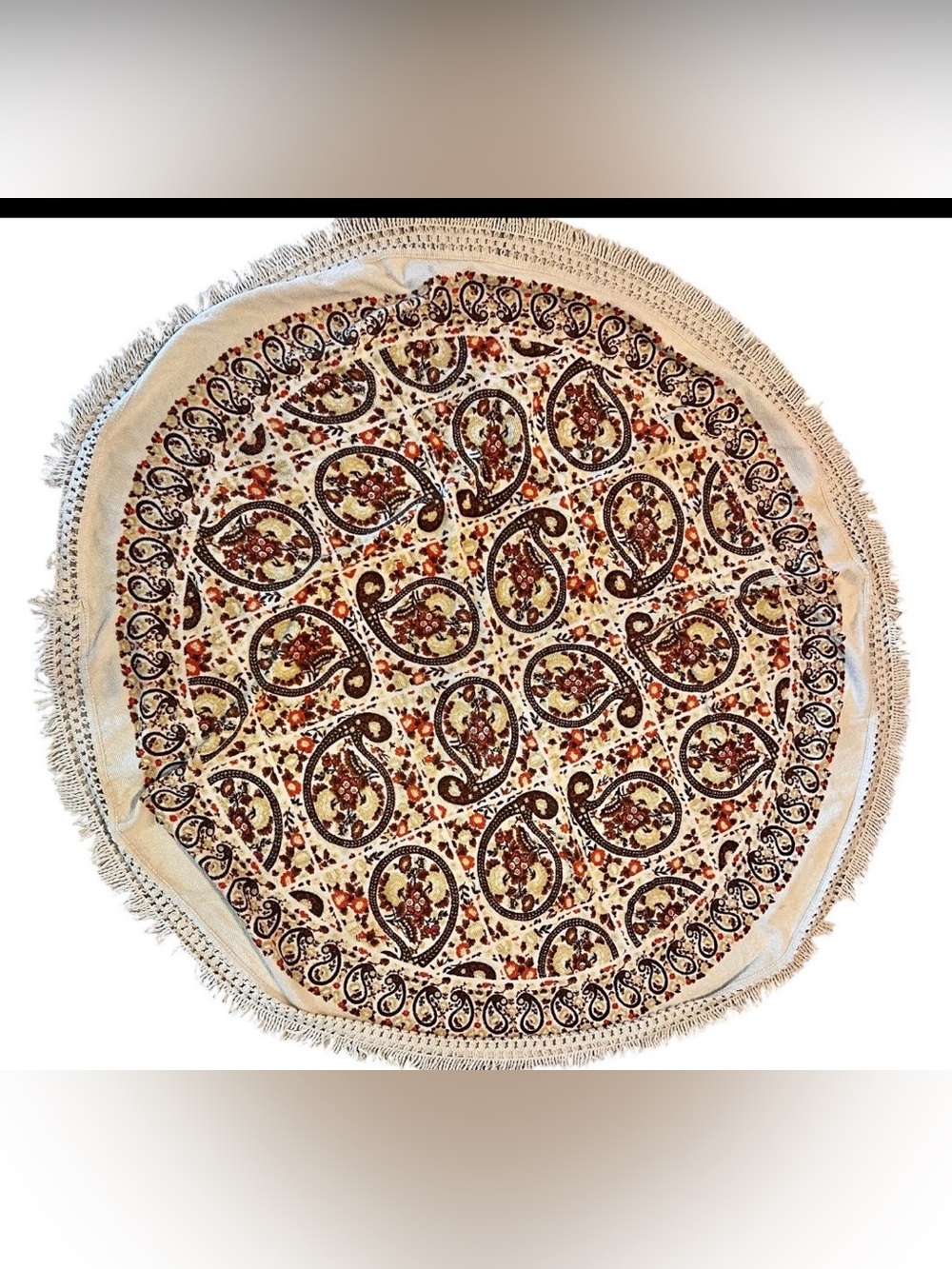Vintage Terry Tablecloth Tastemaker by Stevens Paisley Browns Fringe Round  43"